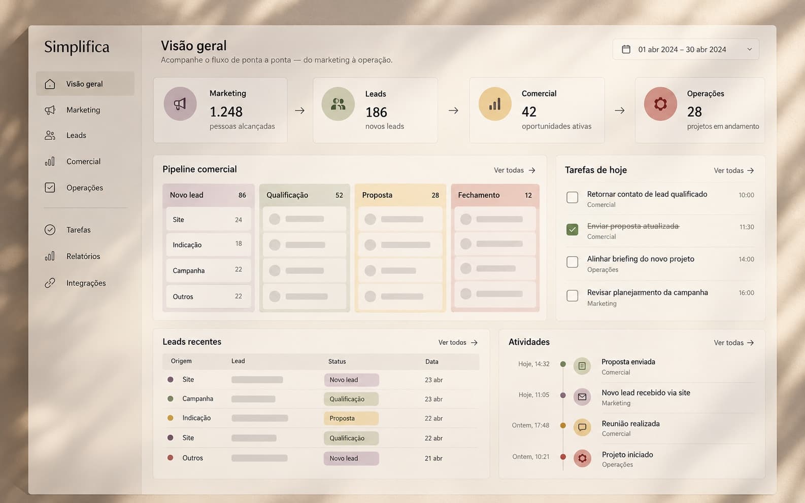 Interface conceitual da Simplifica — operação de ponta a ponta