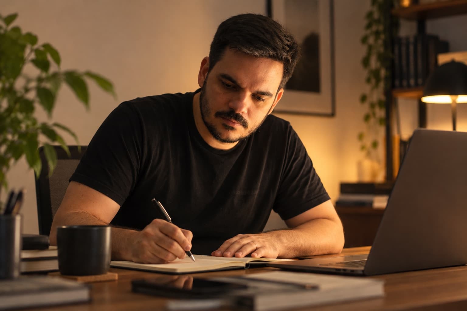 Bruno Justo escrevendo em um caderno à mesa de trabalho